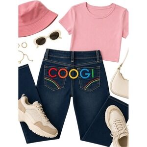 COOGI Vintage Low Rise Skinny Jeans Dark Wash Rainbow Embroidery 3/4 Y2K Pride